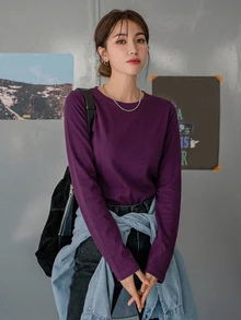 DAZY 素色圓領長袖女款上衣，秋季女裝上衣 - 中紫紅色 - 查看 6