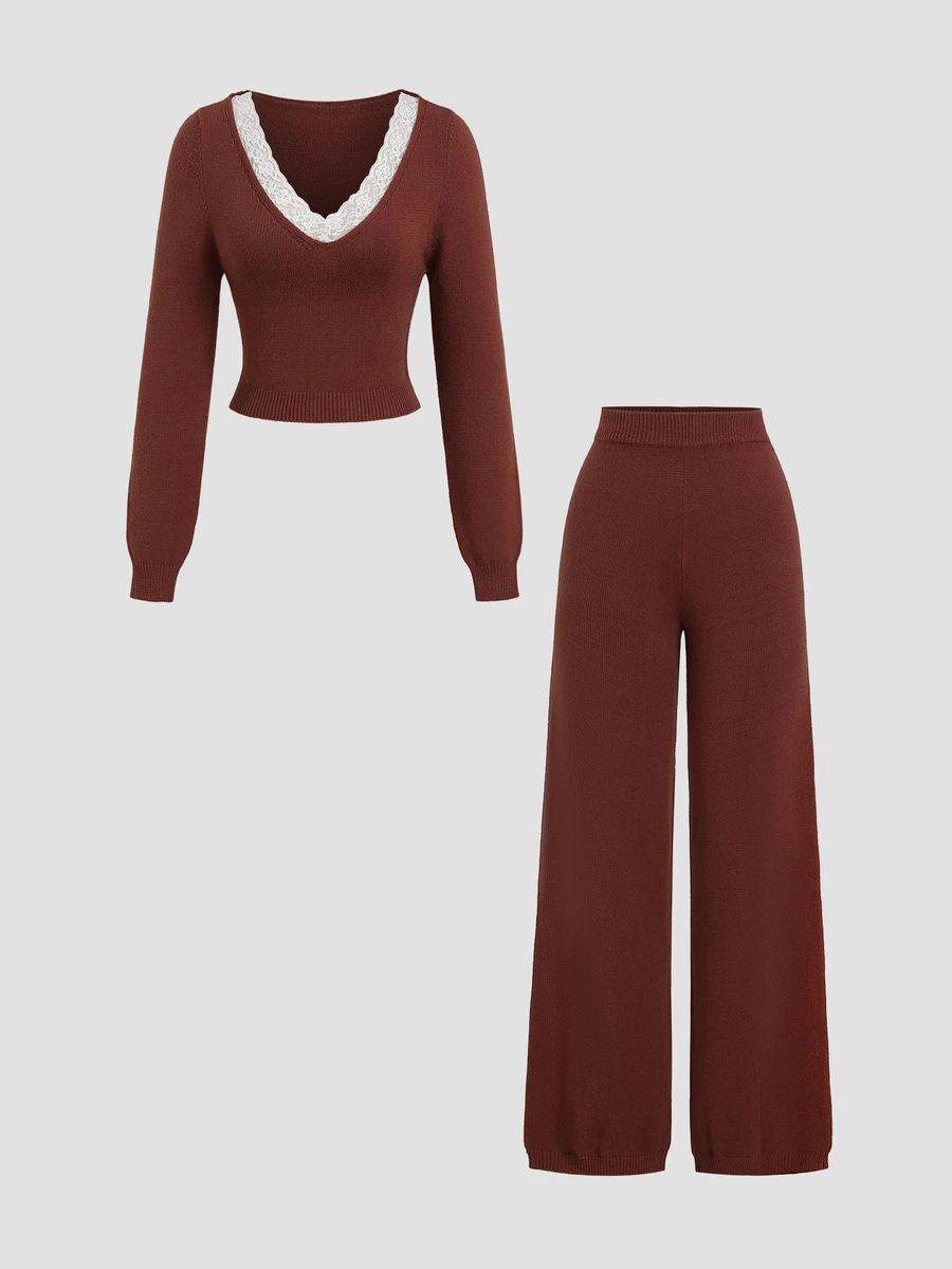 Sweetra Women's Casual Versatile Lace Patchwork V-Neck Daily Home & Commute Outfit Autumn/Winter Sweater 2 Pieces Set - Brown - View 1