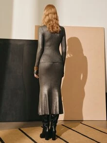 MOTF PREMIUM METALLIC SILVER FOIL PRINT TOP AND MERMAID SKIRT KNIT SET - Dark Grey - View 7