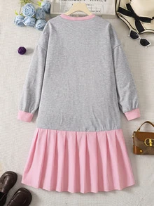 SHEIN 青少年女孩長袖蝴蝶結印花條紋百褶下擺運動衫洋裝，小學派對風 - 粉色 - 查看 6