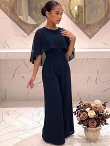 SHEIN Tween Girls Partywear Deep Tween Girl Blue Elegant Fitted Jumpsuit Tween Girl - Navy Blue - View 2