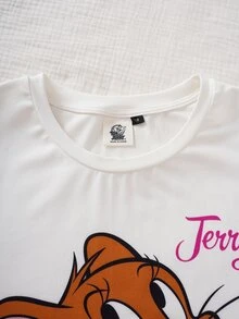 TOM & JERRY X SHEIN 女款卡通印花短袖上衣與短褲睡衣套裝 - 白色 - 查看 4