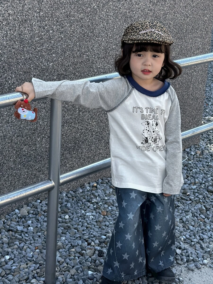 Dazy Kids ملابس علوية طويلة الأكمام للرضع/الأطفال الصغار (بنات) بياقة دائرية وطباعة كرتونية متعددة الألوان بأسلوب كوري للربيع/الخريف - رمادي - مشاهدة 1