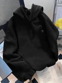 秋季青少年女孩極簡清新黑貓圖案連帽衛衣上衣，休閒可愛舒適秋冬風 - 黑色 - 查看 2