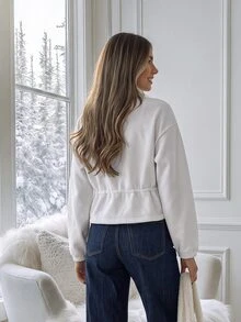 Easowa Women's Solid Color Long Sleeve Zip-Up Drawstring Waist Casual Sweatshirt - White - View 5