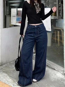 Dazy Plus Vintage Washed Denim Tie-Up Street Casual Jeans For Autumn/Winter - Dark Wash - View 6
