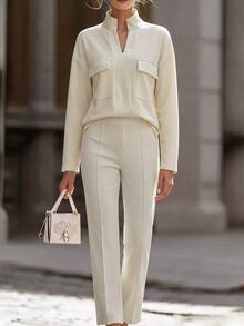 Wandoria Autumn/Winter Daily Commute Elegant Casual Waffle Knit Stand Collar Half-Zip Pocket 2 Pieces Set White - Apricot - View 1
