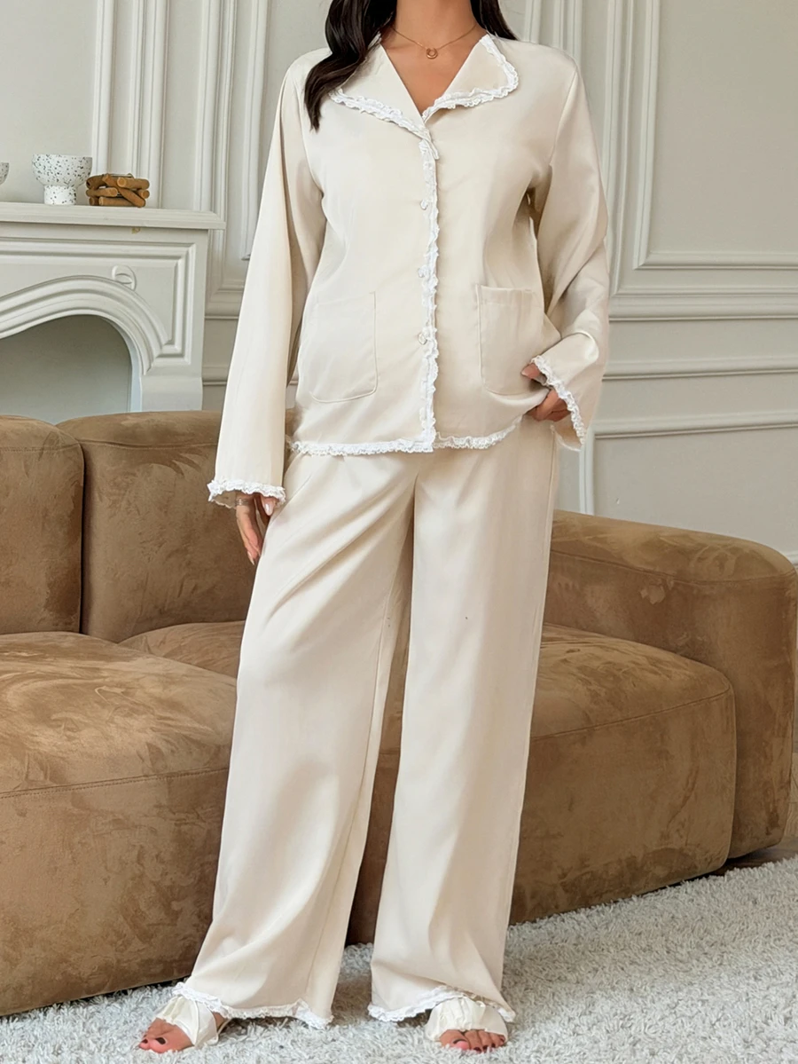 DAZY Contrast Lace Loose Long Sleeve Top & Straight Leg Pants Elegant Home Wear Spring/Autumn Maternity 2 Pieces Set - Apricot - View 1