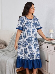 Serenescape Váy ngủ nữ size lớn tay ngắn họa tiết phong cách sứ xanh trắng, thiết kế gấu bèo nhún, đồ ngủ phong cách nghỉ dưỡng, phù hợp cho mọi mùa - Màu xanh lam - Xem 5