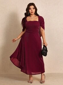 Elaquor Plus Size Women's Solid Color Pleated Elegant Waist-Cinching Party Dress Christmas - Burgundy - View 6