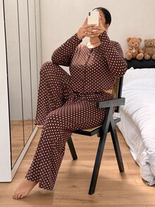 Napfluff CURVE Napfluff CURVE Cute Polka Dot Print Slim Fit Round Neck Button Front Long Sleeve Pants Plus Size Pajama Set - Coffee Brown - View 5