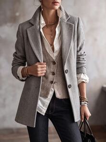 Trelyra Autumn/Winter New Herringbone Square Neck Jacket, Gray Loose Fit 2-Button Casual Commute Overcoat, Outdoor Wear, Office Wear, Fashion Minimalist Jacket - Grey - View 4