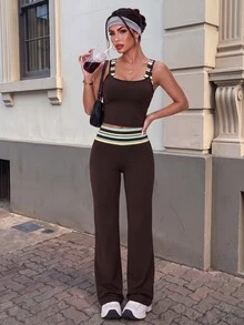 Eassivo Eassivo Brown Three Pieces Set, Halter Top + Striped Inner Vest + Folded Waist Slightly Flared Trousers, A Ho - Multicolor - View 4
