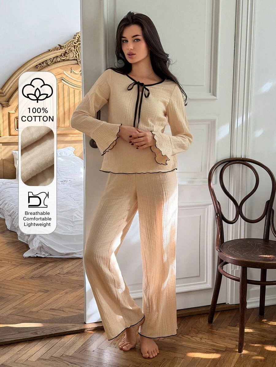 DAZY Women's Front Tie Long Sleeve Top And Pants Pajama Set - Beige - View 1
