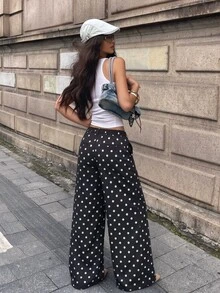Coolane 女款秋冬外出休閒街頭風性感Y2K時尚度假日常穿搭可愛學院風黑白波點Bai'y細肩帶直筒褲 - 黑色 - 查看 7