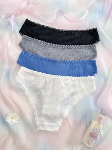 Eraneu 4pcs Casual Comfortable Girls Lace Trim Triangle Panties Set - Multicolor - View 2