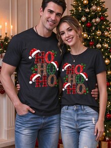 Manfinity Homme 1件中性款 Ho Ho Ho 格紋字母圖案聖誕T恤，短袖圓領節日上衣 - 黑色 - 查看 1