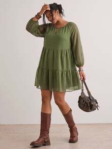 Freevana Plus Size fransk semester jacquard långärmad modesskjorta höst - Grön - Visa 3