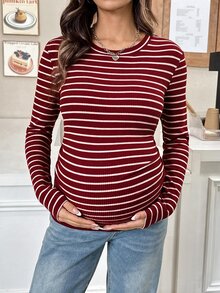 SHEIN 孕婦休閒條紋修身長袖T恤，適合秋季萬聖節秋冬休閒穿著 - 紅色 - 查看 5
