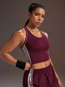 Powerista Women's Burgundy Cropped Three-Stripe Colorblock Slim Fit Sports Tank Top - Burgundy - View 1