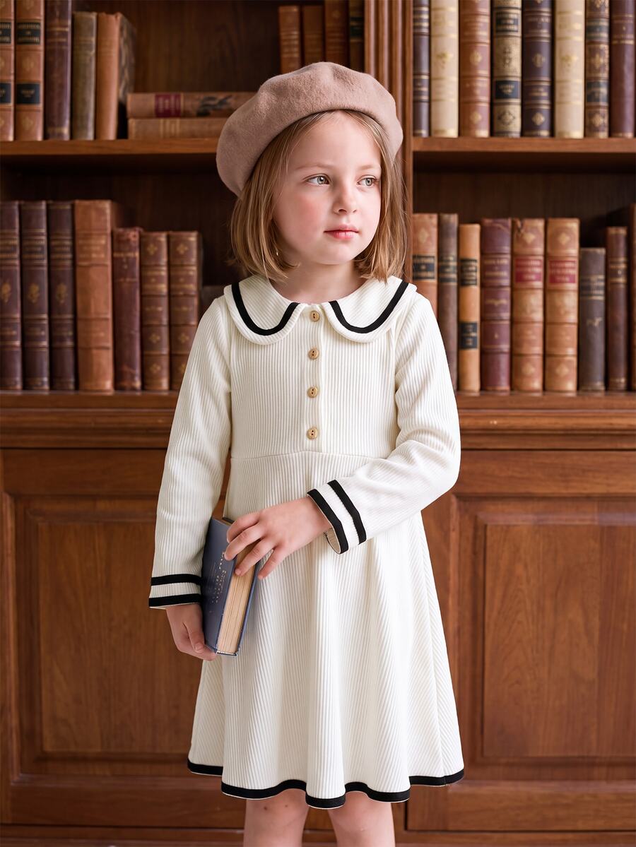 PrepCrw Young Girl Cute Button Half-Placket Peter Pan Collar Dress - White - View 1