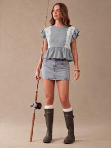 WESTFADE Lace Trim Layered Ruffle Short Sleeve Doll Top, Autumn, Women's Country Style, Cowgirl Outfit, Western Style, Brunch Wear, Basic, Cute Top - Grey - View 4