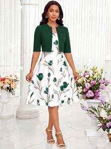 SHEIN Lady 女款花卉印花洋裝與純色開襟衫休閒浪漫優雅日常兩件套，適合婚禮、畢業、大學，酒紅白色花卉夏季款 - 墨綠色 - 查看 6