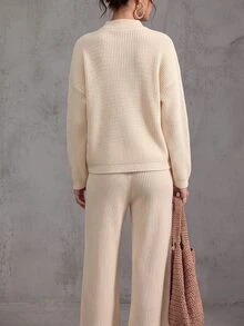 Trelyra Casual Fit New Chinese Style Stand Collar Long Sleeve Frog Button Half-Placket Knit Top + Wide Leg Pants Apricot Color Women's Autumn/Winter Sweater Two Pieces Set - Apricot - View 3