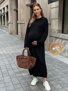 SHEIN Maternity Solid Color Casual Daily Knit Dress Winter - Black - View 1