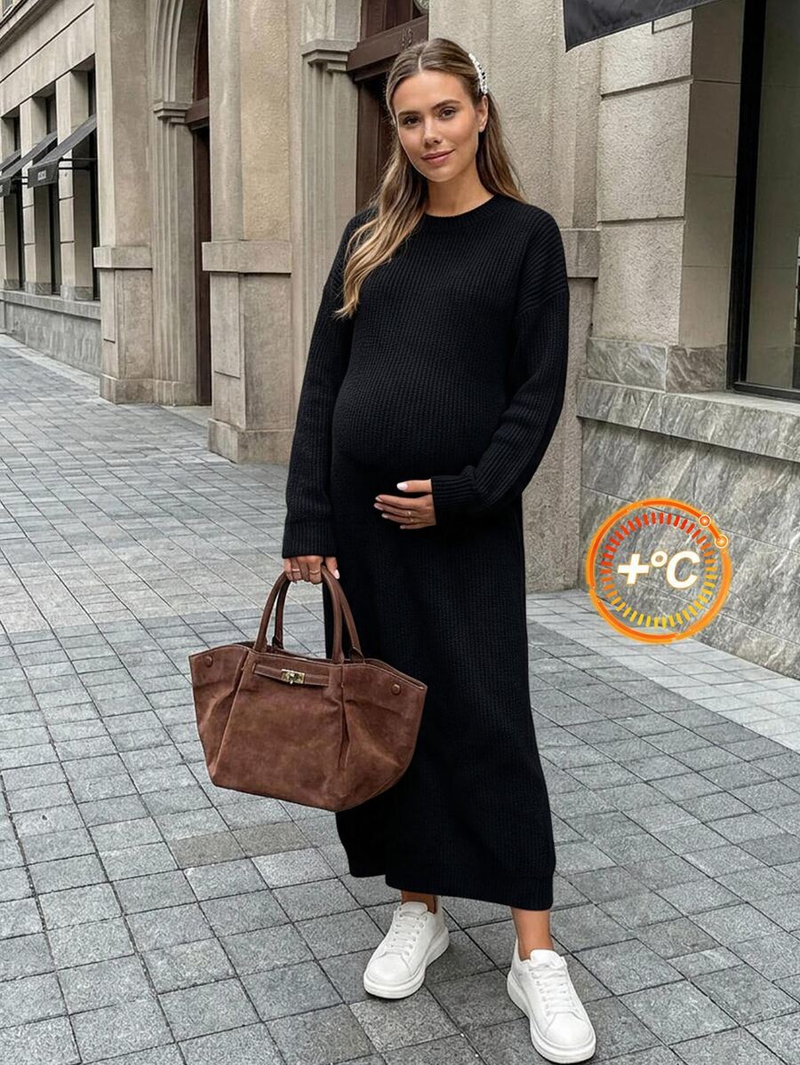 SHEIN Maternity Solid Color Casual Daily Knit Dress Winter - Black - View 1