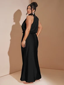 SHEIN BAE 大尺碼女款純色立領百褶優雅無袖緞面洋裝 - 黑色 - 查看 2