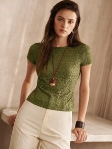 MOTF PREMIUM WOMEN'S WHITE LACE FITTED T-SHIRT, FASHIONABLE COMMUTER STYLE, AUTUMN/WINTER - Green - View 6