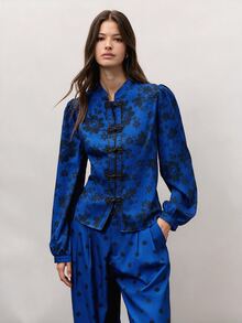 Nöista Women's Frog Button Long Sleeve Shirt And Pocket Pants Set - Blue - View 5