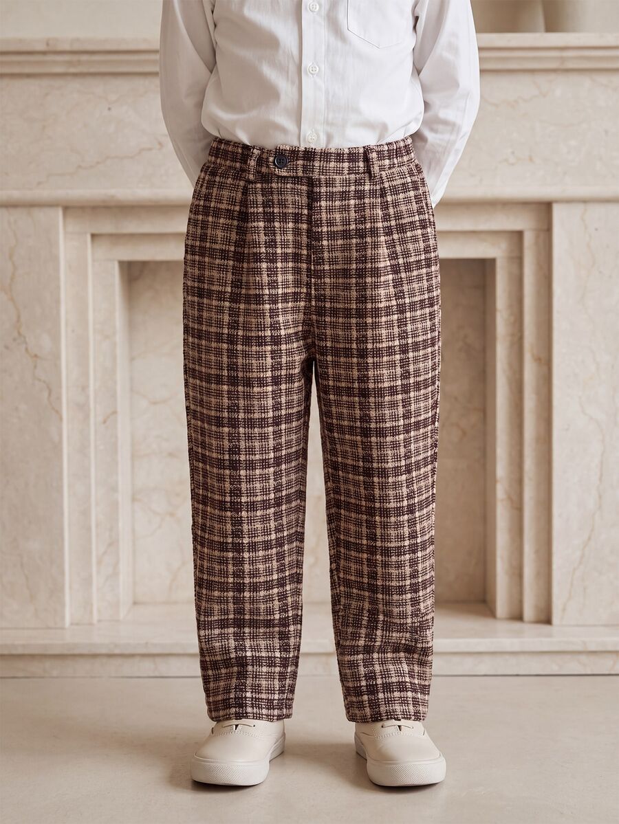 PrepCrw Young Boy Plaid Casual Versatile Daily Travel Long Pants - Brown - View 1