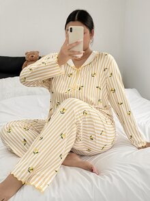Napfluff CURVE Napfluff CURVE Romantic Pastoral Style Lemon Striped Print Long Sleeve Pants Plus Size Pajama Set - Yellow - View 3