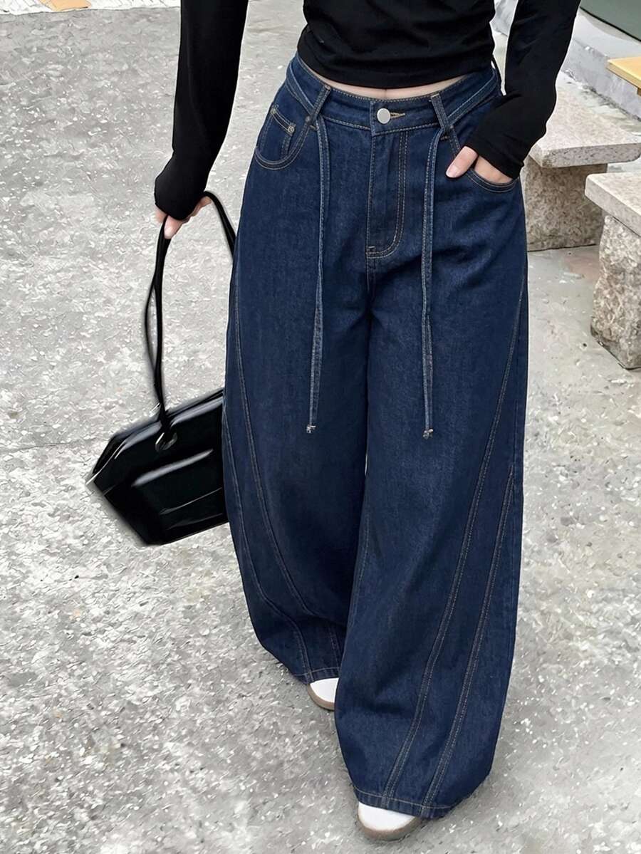 Dazy Plus Vintage Washed Denim Tie-Up Street Casual Jeans For Autumn/Winter - Dark Wash - View 1