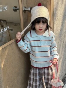 Dazy Kids Infant/Toddler (Girl) Turn-Collar Striped Long Sleeve Autumn/Winter Korean Style Casual Versatile Contrast Color Sweater - Baby Blue - View 5
