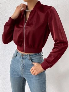 SHEIN EZwear 女款黑色拉鍊短版飛行夾克，秋季休閒街頭風日常輕便純色女式春秋常規版棒球領夾克 - 酒紅色 - 查看 3