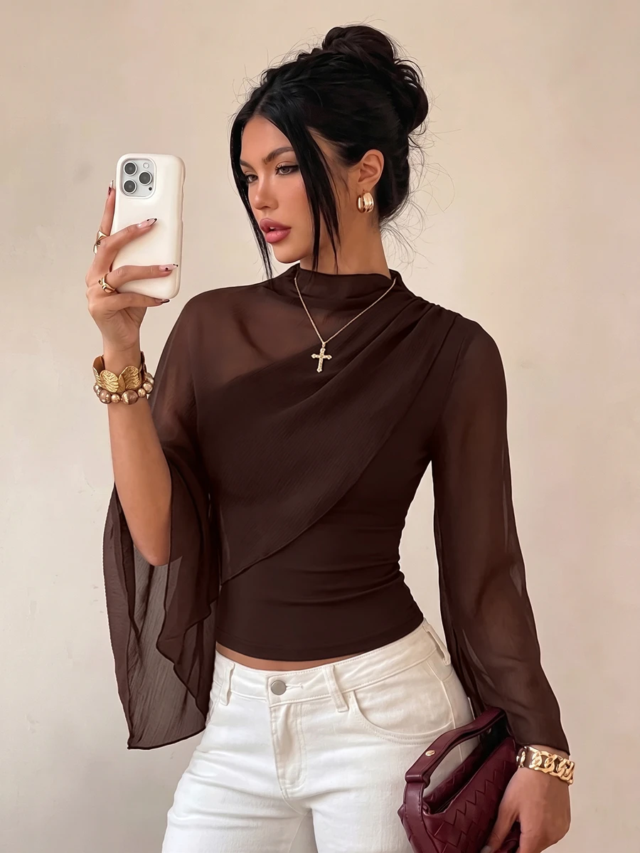 Glamine Women's Elegant Solid Color Asymmetrical Top, Autumn Dinner Going Out Brown - Chocolate Brown - View 1