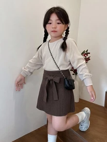 Dazy Kids 女童蝴蝶結繫帶百褶毛衣裙 - 棕色 - 查看 4