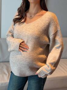 DAZY Solid Color Loose V-Neck Casual Elegant Everyday Versatile Autumn/Winter Maternity Sweater - Apricot - View 2