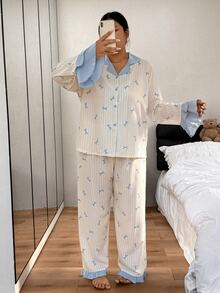 Napfluff CURVE Napfluff CURVE Colorblock Striped Bow Print Pajama Set, Sweet Ruffle Trim Plus Size Loungewear - Beige - View 4