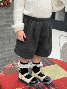 DAZY Baby Girl Solid Color Elastic Waist Casual Loose Shorts - Grey - View 3