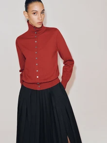 Anewsta Essential Turtleneck Knit Cardigan, Button Front Sweater, Loose Long Sleeve Knitwear, **Red Cardigan**, Thanksgiving Outfit, Christmas Holiday Wear, Winter Part - Red - View 4