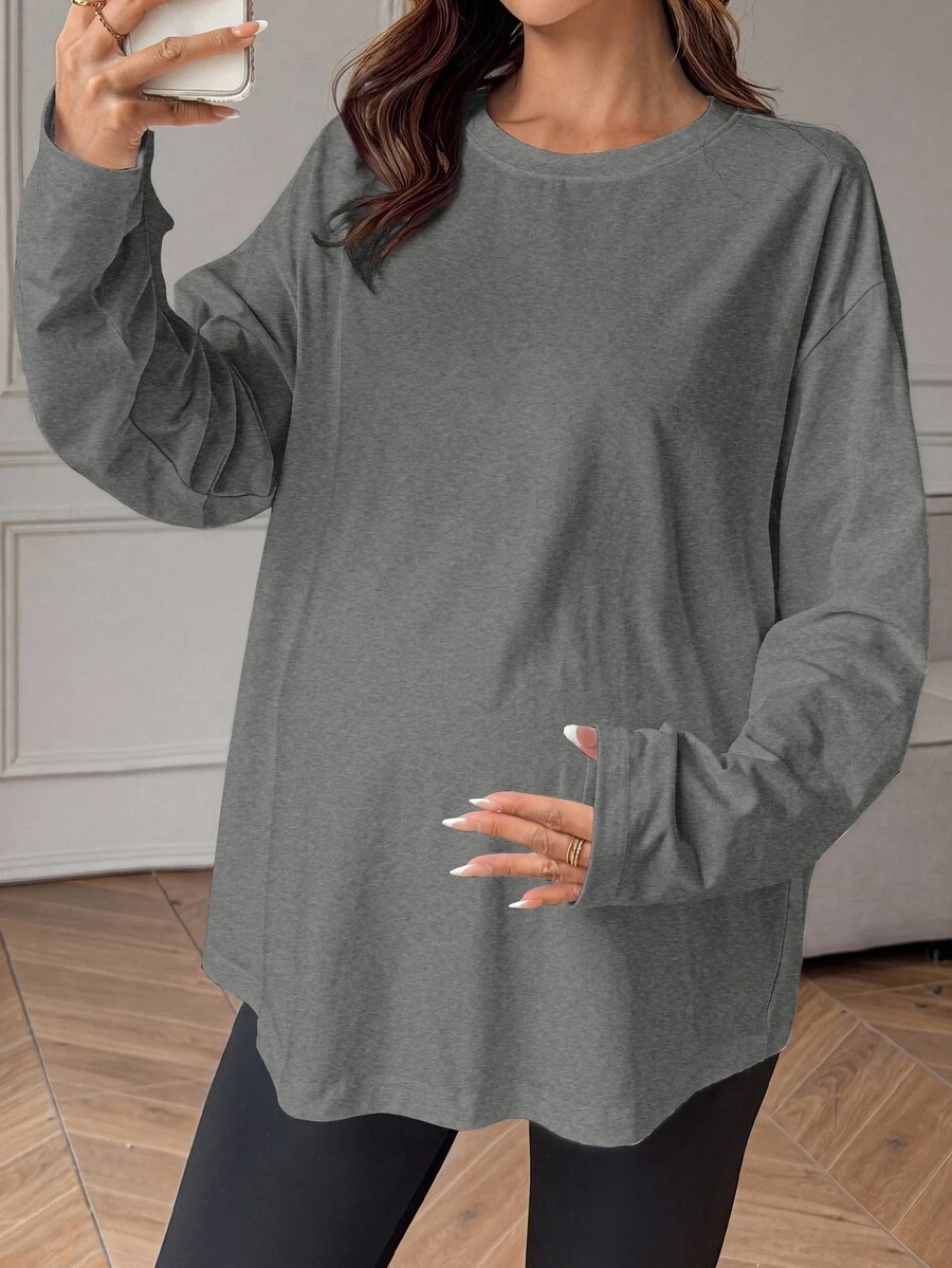 Dazy Maternity تي شيرت حوامل بتصميم بسيط بلون موحد وأكمام طويلة للارتداء اليومي - رمادي - مشاهدة 1