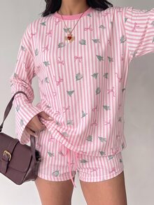 Aloruh 女款休閒舒適聖誕樹蝴蝶結條紋圓領長袖上衣與抽繩腰短褲兩件套，聖誕溫馨睡衣套裝 - 粉色 - 查看 6