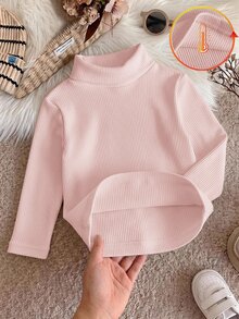 SHEIN 女嬰休閒百搭針織保暖內裡高領套頭上衣，秋季百搭上衣 - 淺粉色 - 查看 2