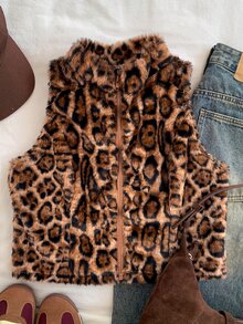 SHEIN EZwear 女款休閒復古老錢風 2000 年代初豹紋無袖毛茸茸短版夾克，米色，適合秋冬日常外出與辦公室穿著 - 咖啡棕 - 查看 4