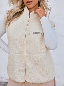 Voyena Plus Size Women's Fleece Sleeveless Jacket, Sports Padded Coat With Pockets - Beige - View 4