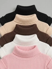 SHEIN 女童素色高領長袖休閒羅紋T恤 - 彩色 - 查看 8